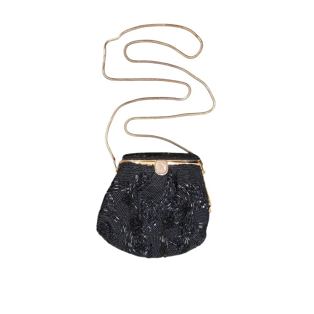 Vintage 50s Black Beaded Evening Purse Gold Metal Top Frame Bag